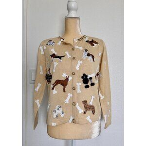 Vintage Berek Women’s Sz SmallDogs Sweater Cardigan Bone Applique Beaded Buttons